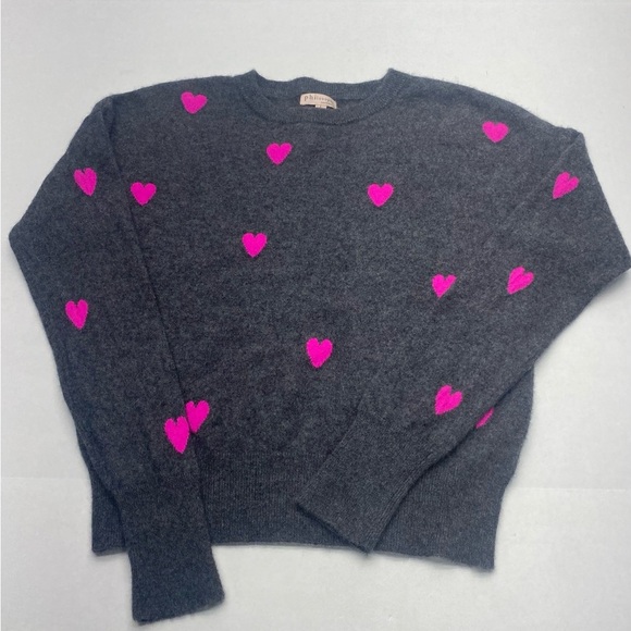Philosophy Cashmere Gray and Pink Heart Crew Neck Sweater W LG LUXURY MONEY LOVE - Picture 1 of 12